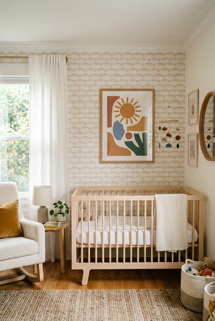 Scalloped Pattern Layered Wallpaper Nursery Accent Wall