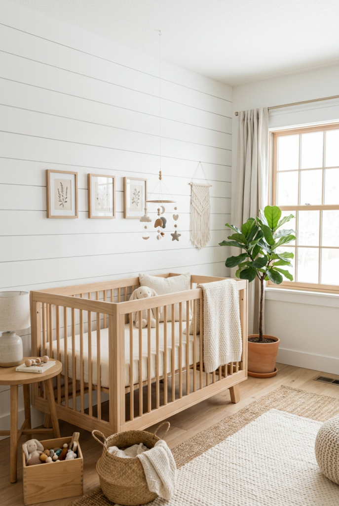 Simple White Shiplap Nursery Accent Wall