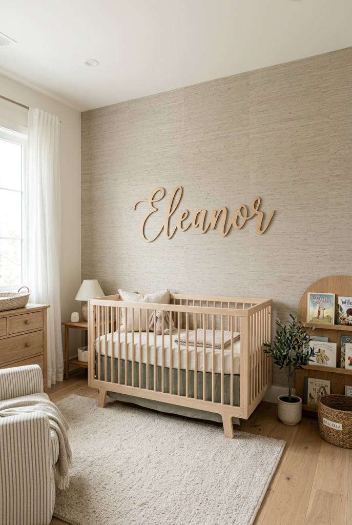 Textured Neutral Wallpaper with Wooden Name Sign