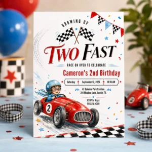 Two Fast Birthday Invitation, Race Car 2nd Party Invite