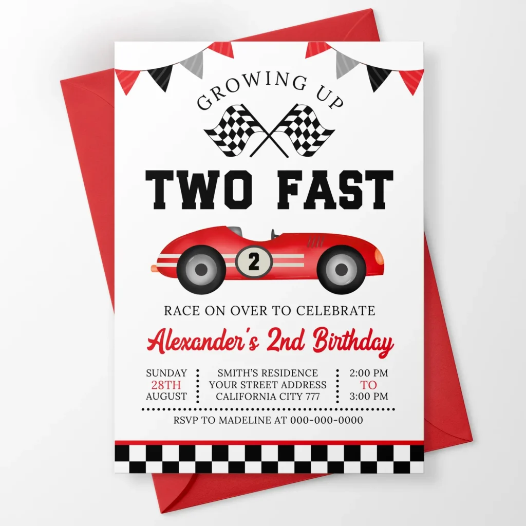 Two Fast Birthday Invitation, Vintage Race Car 2nd Birthday Invitation