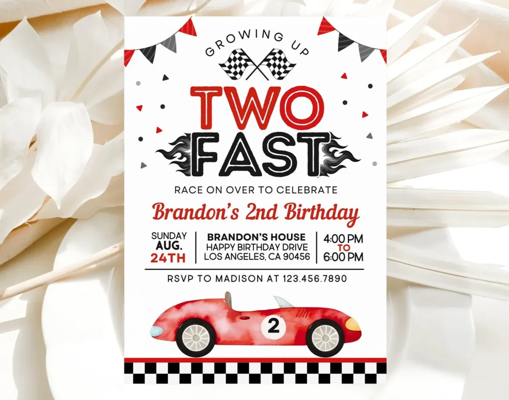 Two Fast Birthday Invitation, Vintage Race Car 2nd Birthday Invitation