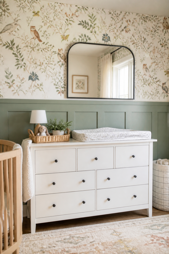 Whimsical Wallpaper with Painted Wood Paneling