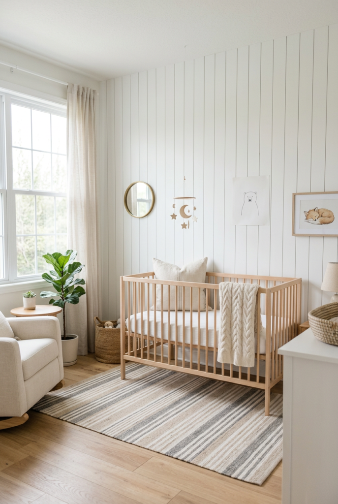 White Vertical Shiplap Nursery Accent Wall