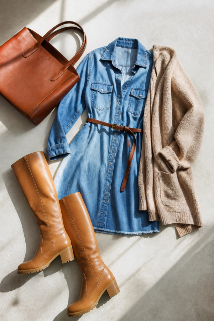 A Denim Dress and Chunky Knee-High Boots