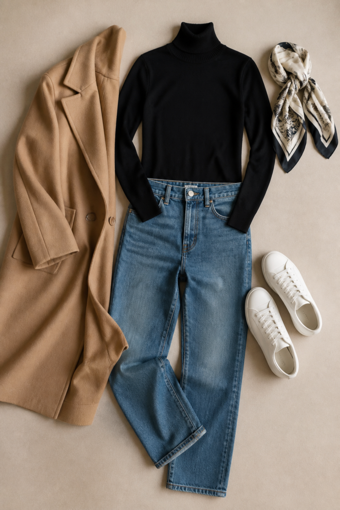Black Turtleneck, Straight Leg Jeans, and White Sneakers