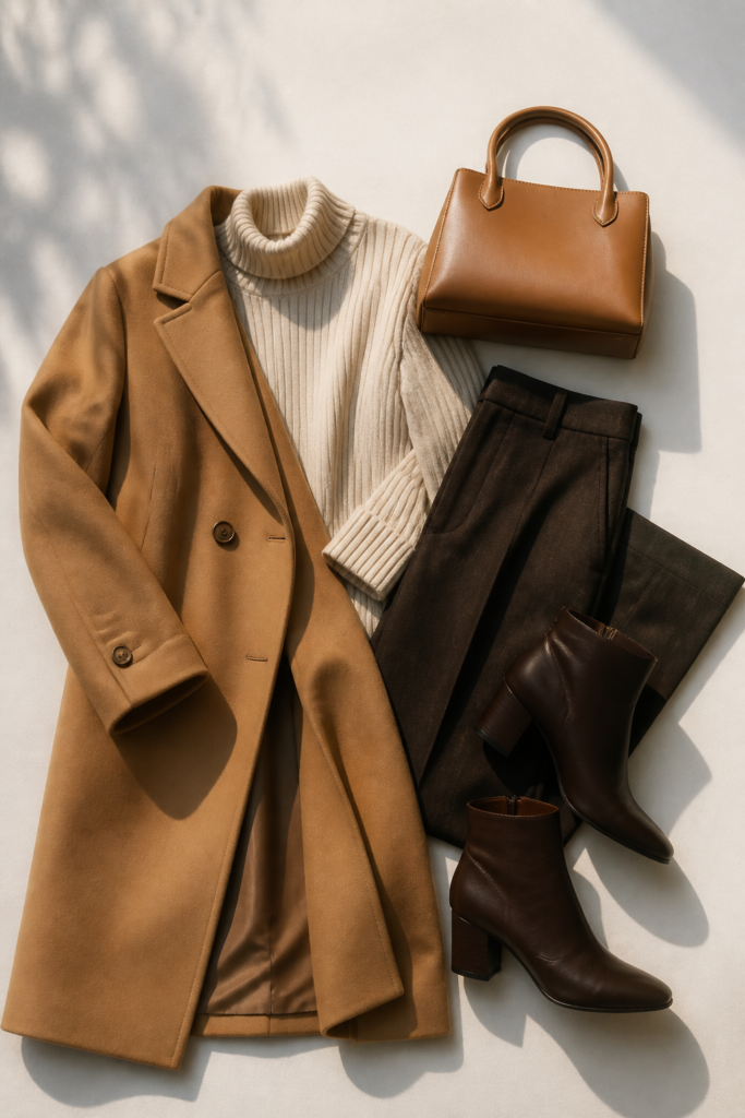 Camel Trench Coat and Cozy Knit Underneath