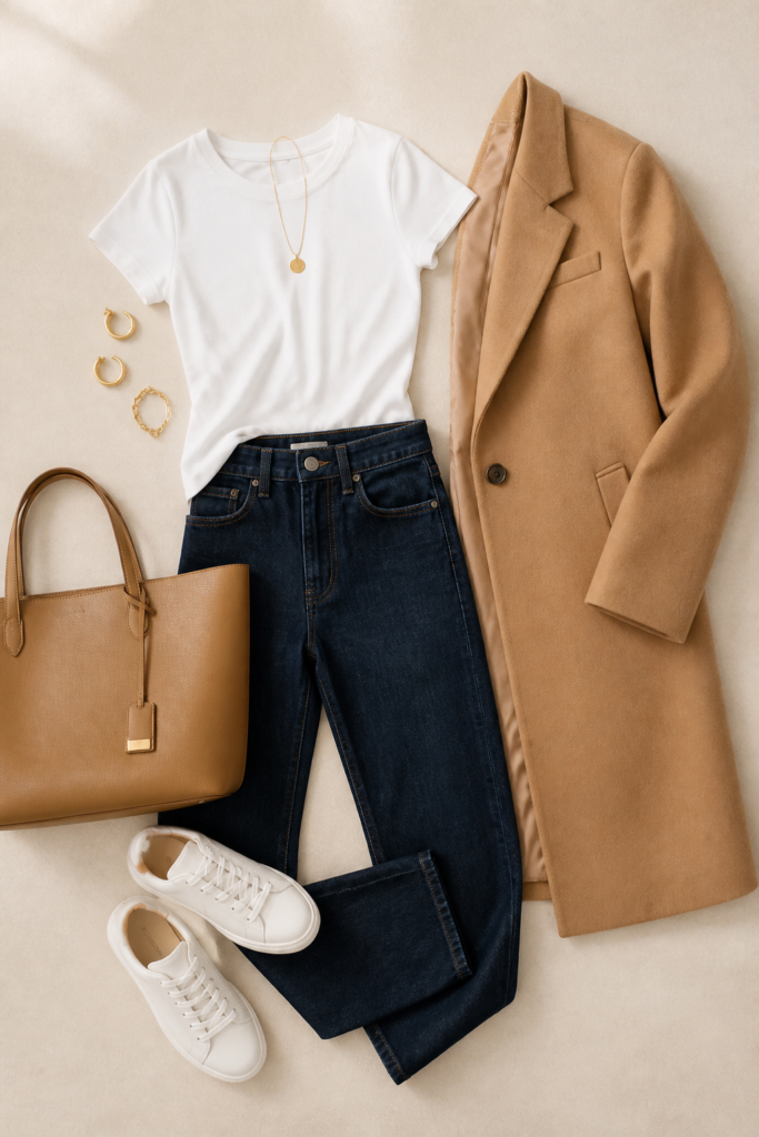 Classic White Tee, Dark Jeans, and a Camel Coat