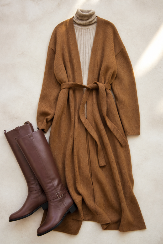 Cozy Cardigan Dress and Tall Boots
