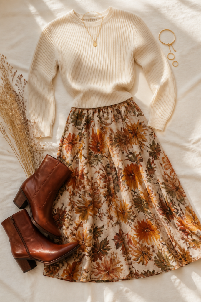 Cream Knit Sweater, Midi Skirt, and Ankle Boots