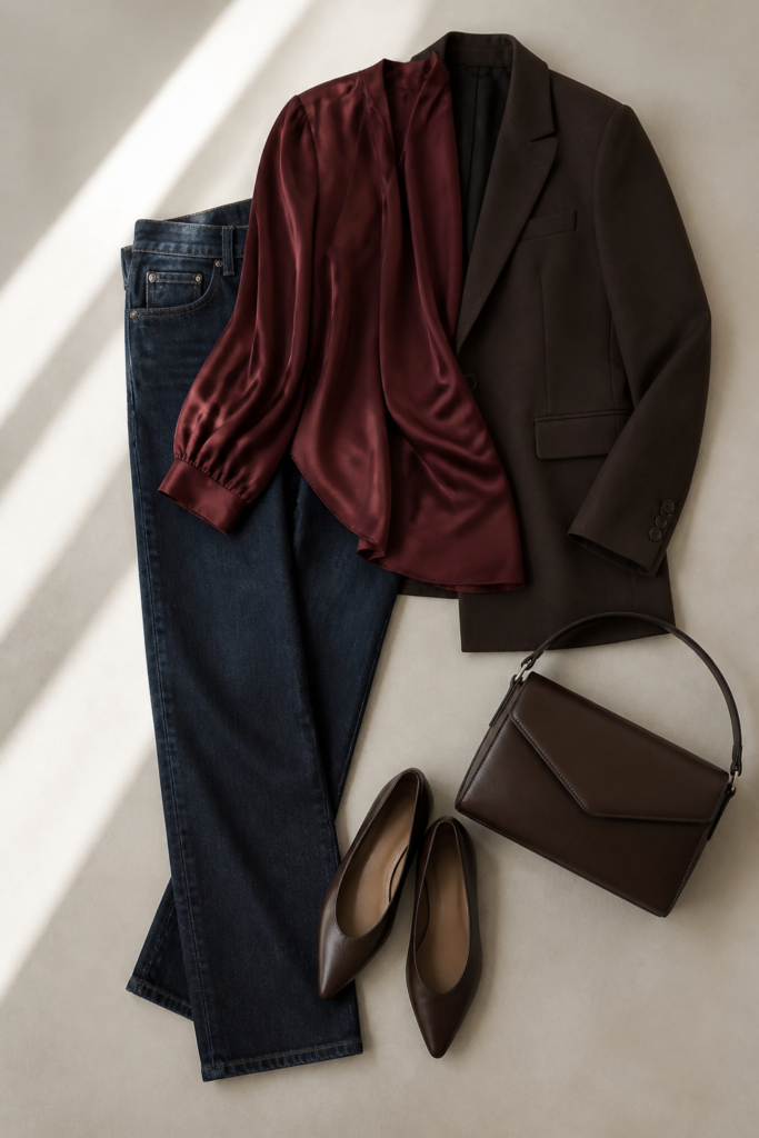Dark Wash Jeans, a Silk Blouse, and a Tailored Blazer