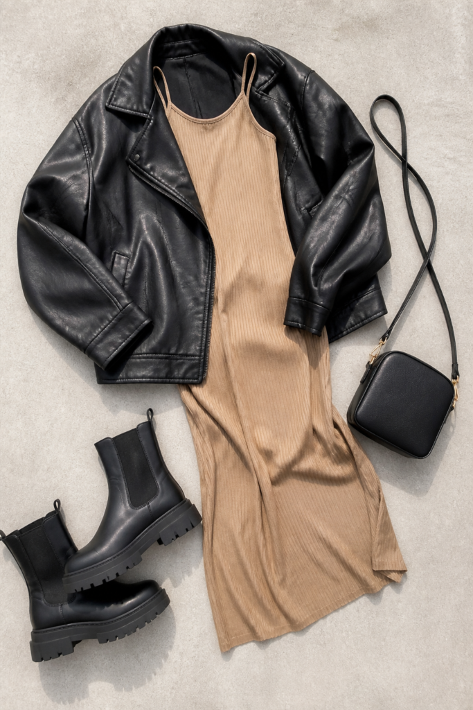 Oversized Leather Jacket and Midi Dress