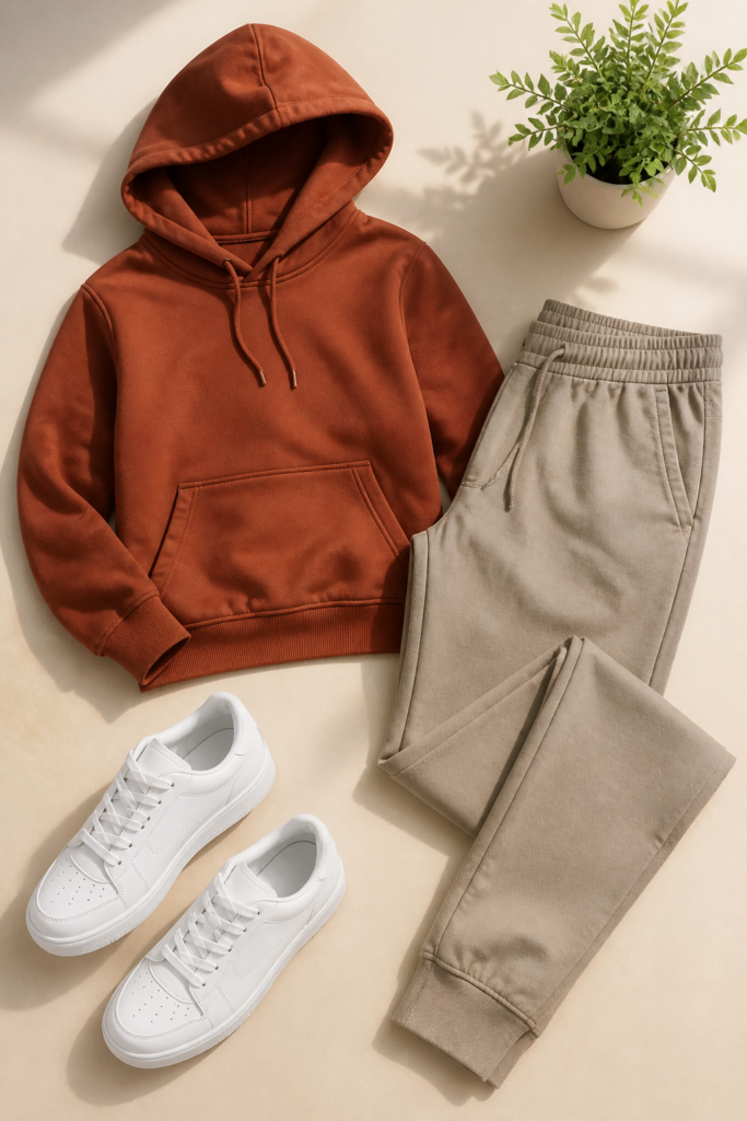 Relaxed Hoodie, Tailored Joggers, and Clean White Sneakers