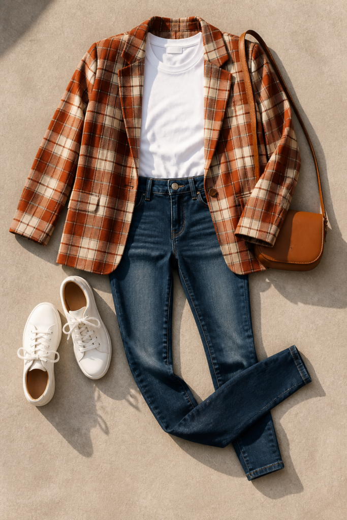 Relaxed Plaid Blazer, White Tee, and Skinny Jeans