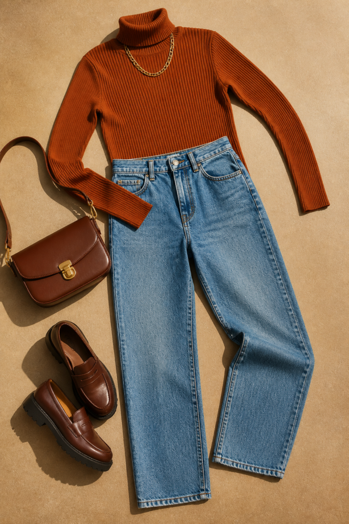 Ribbed Turtleneck, Straight Leg Jeans, and Loafers