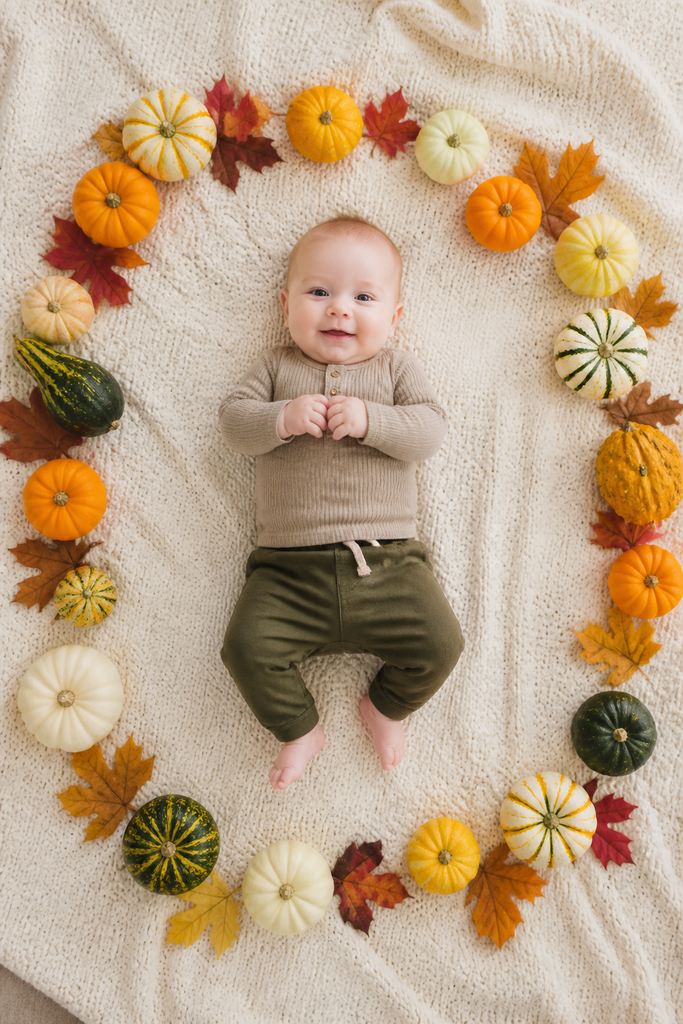 Baby Surrounded by Pumpkins Flat Lay