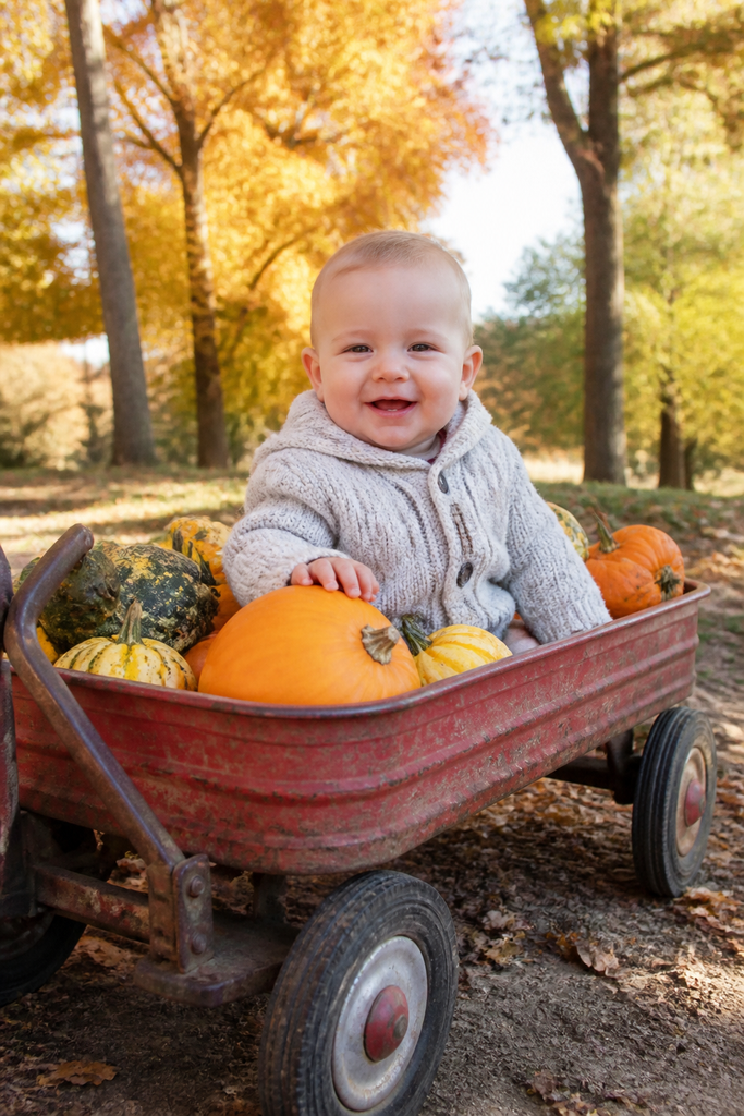 Baby in a Wagon with Pumpkins